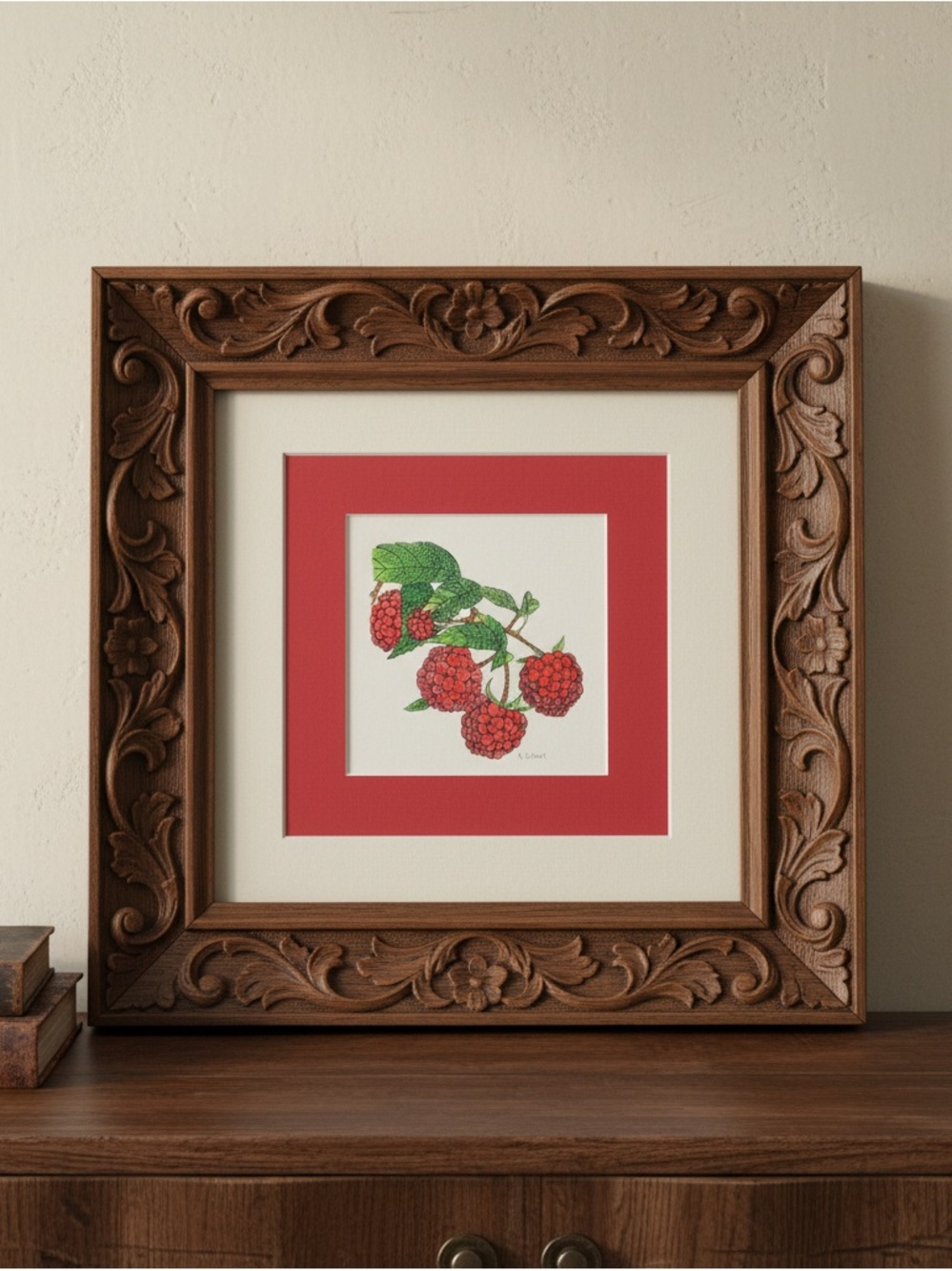 Raspberry Botanical Dot Painting – Original Watercolor (12x12, Matted) - Picture 3 of 3